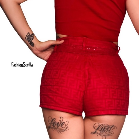 Fendi Red Zucca Monogram Logo High Waist Denim Mini Shorts - Picture 4 of 15